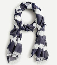 J. Crew Lightweight fringe-trim scarf-AW355-WHITE NAVY STRIPE-Organic cotton-NWT