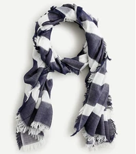 J. Crew Lightweight fringe-trim scarf-AW355-WHITE NAVY STRIPE-Organic cotton-NWT