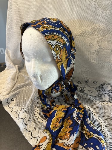 Vtg 60s Head Scarf Wrap Hair Art flower Power Blue Yellow Mod Go Go Hippy Groovy - Picture 2 of 12