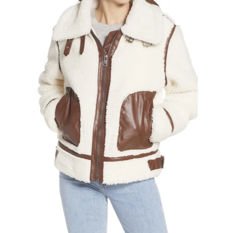 Jaqueta de Moto Levi's High Pile Casaco Pequeno Sherpa Lã Acabamento de Couro Sintético NOVO $180 - Imagem 2 de 4
