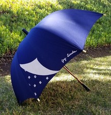 Guy Laroche Vintage Umbrella Beautiful Navy Wooden Carry Cord Signed Paris EUC