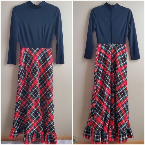 Vintage Women's Black Red Plaid Mock Neck Maxi Long Sleeve Dress Fits Size Small - Bild 2 von 8
