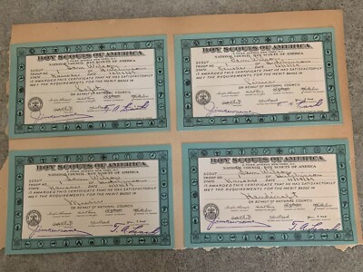 Lot of 4 Vintage 1939 BSA Boy Scouts Merit Badge Award Certificates