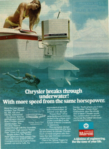 Anuncio impreso vintage Chrysler Marine 1977 rompe bajo el agua más velocidad buceo - Imagen 1 de 2