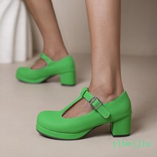 Women's T Strap Mary Jane Leather Dress Shoes Party Chunky Heel Round Toe Pumps