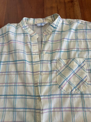 Plaid Top Vtg 70s 60s Boxy Loose Fit Hippie Housewife XL Large Cream Blue Hippy - Picture 3 of 7