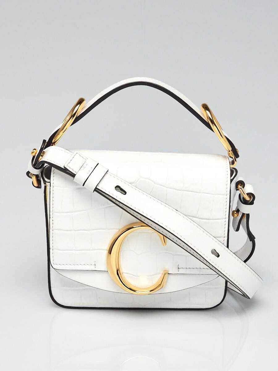 Chloe White Croc Embossed Calfskin Leather Mini C Shoulder Bag