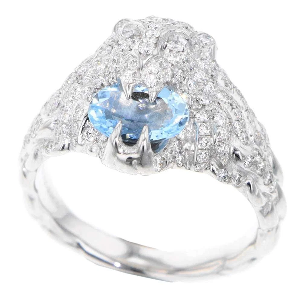Bague Gucci tête de lion aigue marine diamant K18WG US5 bijou