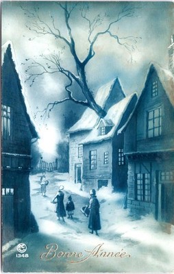 French Tinted RPPC Snowy Village Bon Annee Happy New Year - 1926 Photo Postcard