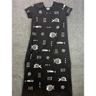 M. Mac Fish Print Maxi Dress Womens XL Black Short Sleeve Tribal Coastal Cotton