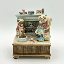 Otagiri Japan Bear Family with Rotating Kitten Home Sweet Home Music Box