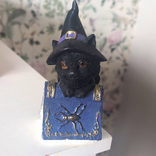 Black Cat Witch Hat Figurine Sitting on Blue Book Ornament/Figurine