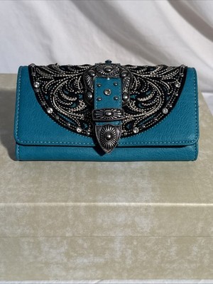 American Bling Western Buckle Wallet Black Turquoise Beaded Vegan Leather