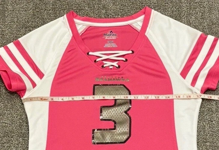 Camisa Jersey Seattle Seahawks Rosa Blanco Lentejuelas #3 Wilson Con Cordones Mujer Pequeña Foto 3 de 4