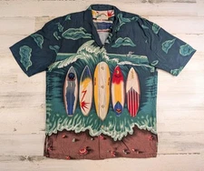 Vintage Paradise Found Shirt Mens Large Rayon Surf Boards Big Wave Camp Collar