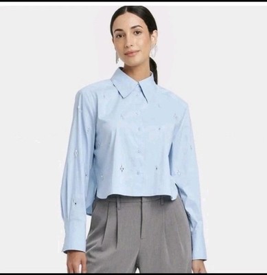 Express Light Blue Beaded Button-Down Collared Cotton Blouse Women XXL