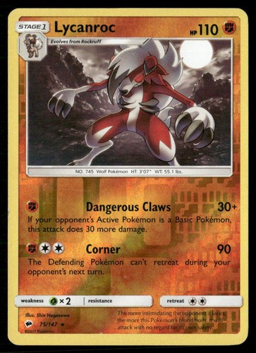 Lycanroc 75/147 Rare Burning Shadows Pokemon Reverse Holo Lightly Played