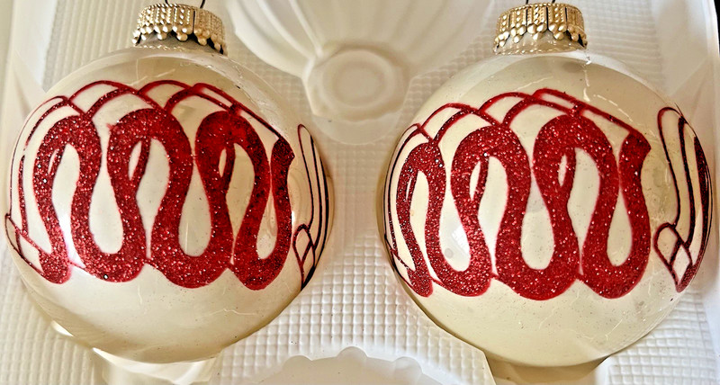 Pair of 2 VTG Krebs White Glass Ball Ornaments w/Red Candy Cane Glitter Ribbons