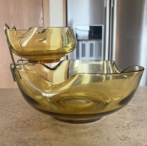 Vintage Mid Century Anchor Hocking Amber Yellow Chip And Dip Serving Bowl Set
