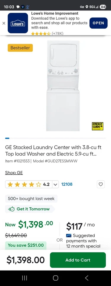 Centro de lavandería apilado GE con lavadora de carga superior de 3,8 pies cúbicos y secadora de gas de 5,9 pies cúbicos Foto 4 de 4