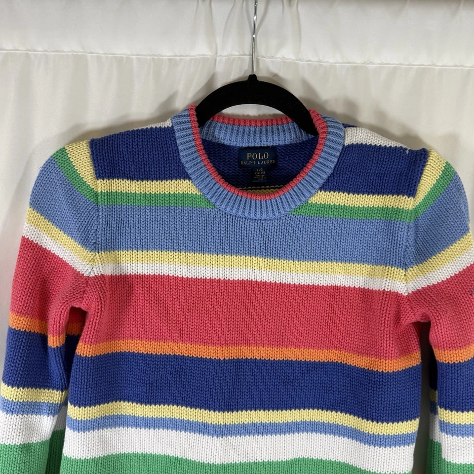 Polo Ralph Lauren Sweater Girls Large 14-16 Rainbow Striped Knit 100% Cotton - Image 2 of 4