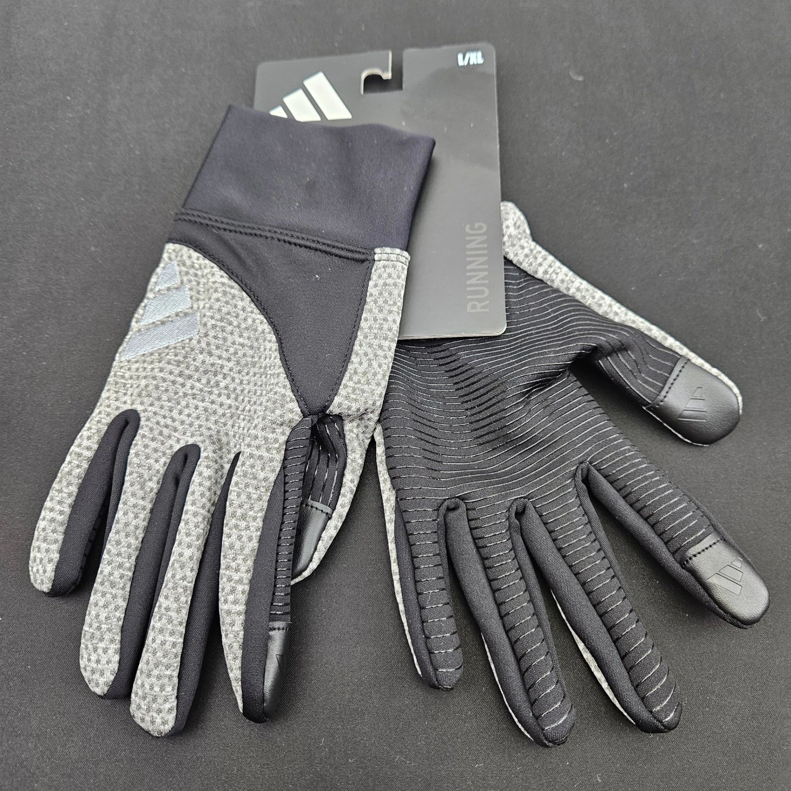 Adidas Running Gloves Mens L/XL Black Gray Touchscreen Grip AW0189 New