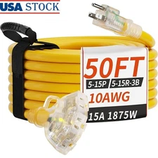 10 Gauge Outdoor Extension Cord 3 Way Splitter Heavy Duty Weatherproof 15A 125V