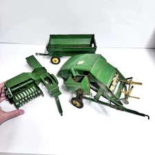 3pc Lot Antique John Deere Toy Hay Baler, Auger Puller & Flare Box Trailer Set
