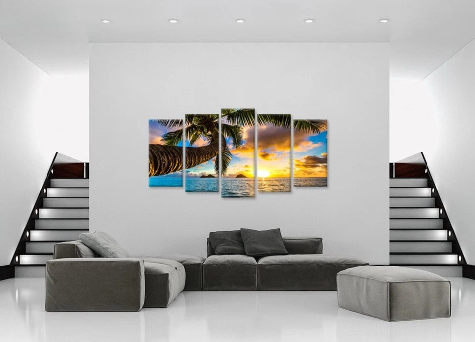 5 Panel Canvas Wall Art Tropical Beach Sunset Palm Tree Ocean Landscape 50x24 - Image 2 of 4
