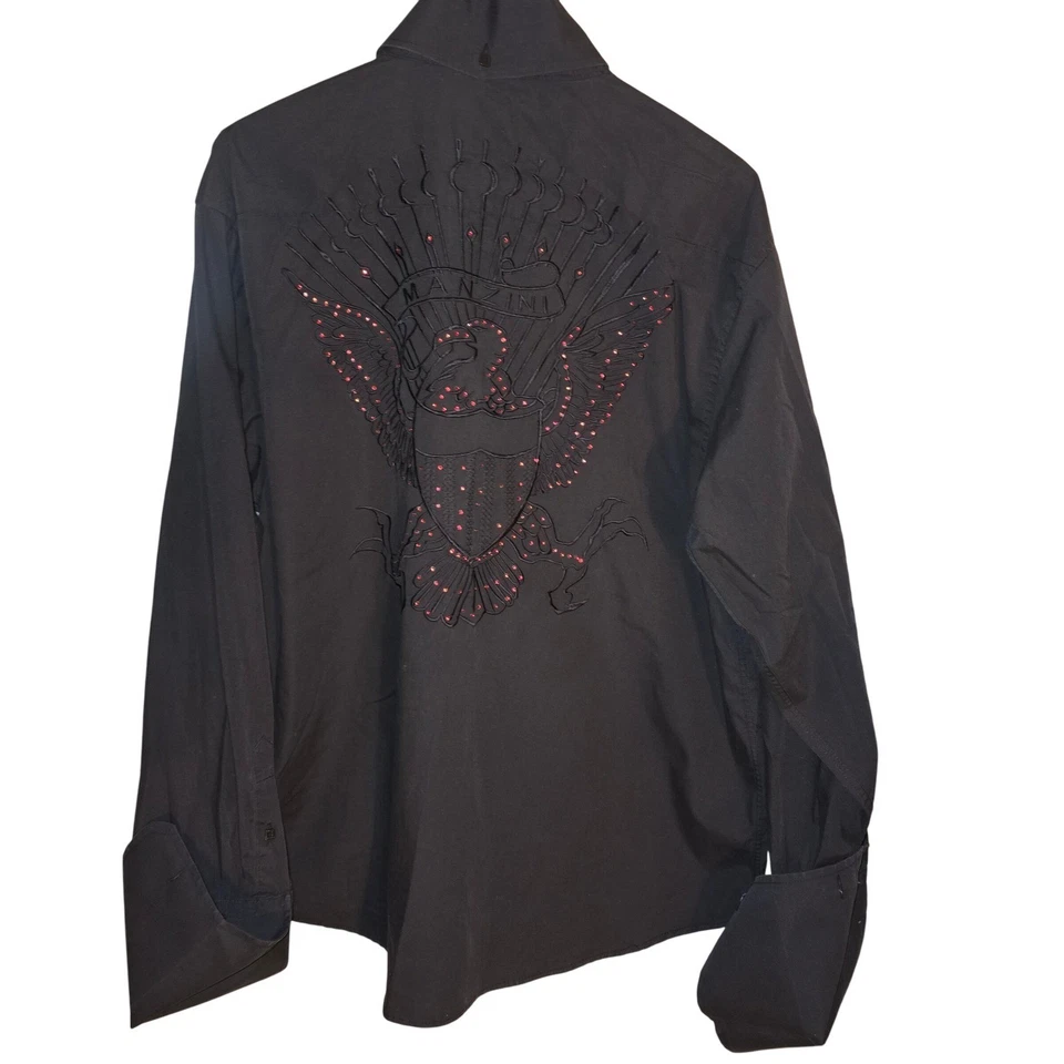 Manzini Mens 2XL Black Eagle Embroidered Red Rhinestone L/S Shirt French Cuff - Image 3 of 4