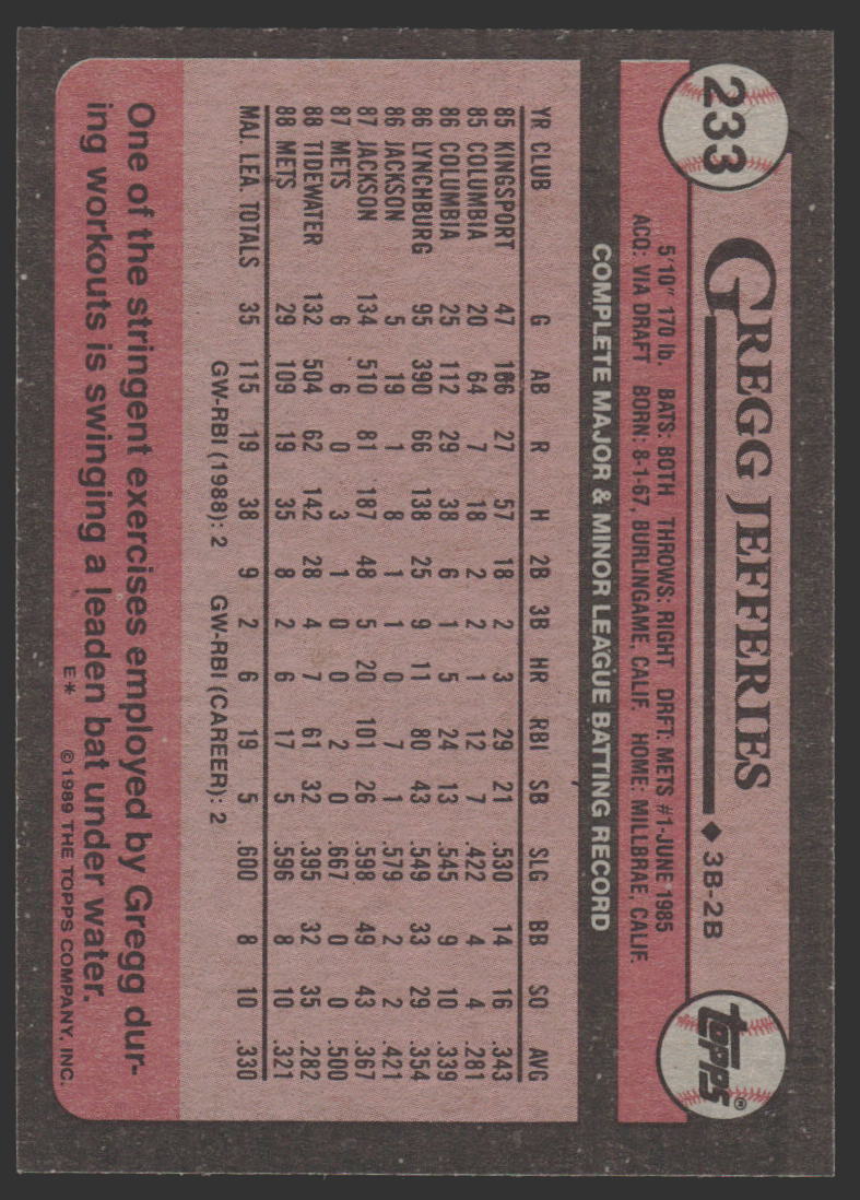 Gregg Jefferies #233b 1989 Topps New York Mets