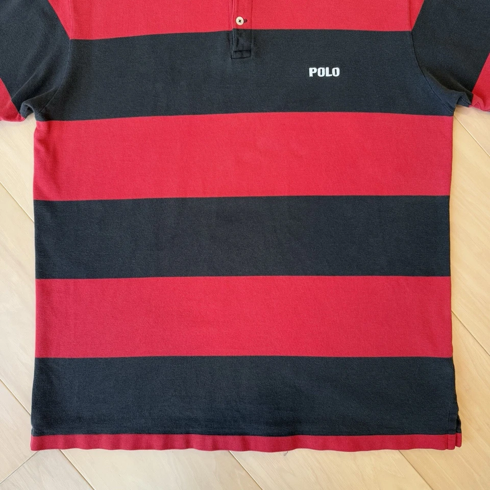 Винтажная спортивная рубашка Polo L красная черная в полоску 90 короткий рукав Henley New York RRL - Изображение 4 из 4