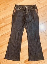 Cache Vintage Dark Wash Denim Tortoiseshell Sequin Flare Leg Jeans Size 10