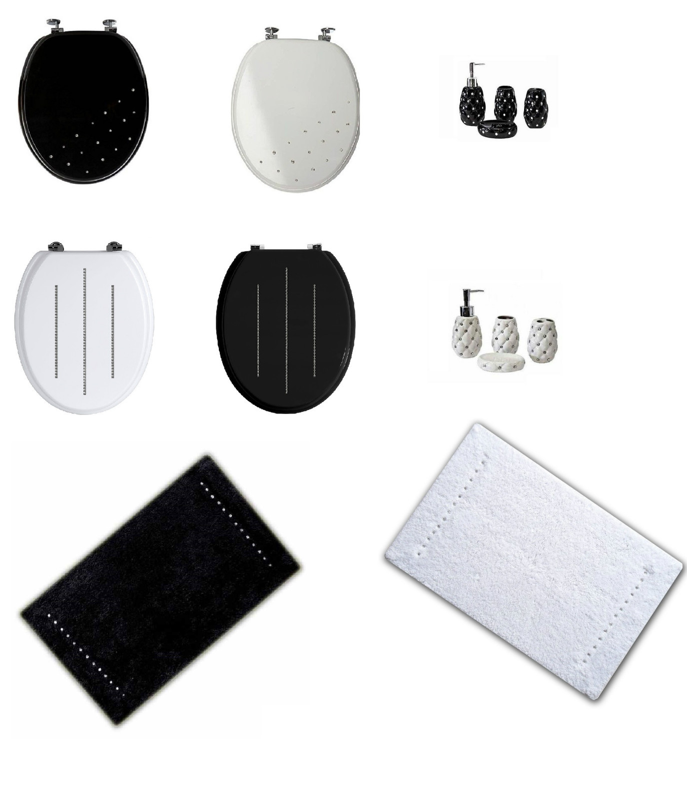 DIAMANTE WOODEN MDF WC TOILET SEAT / BATHROOM MAT / ACCESSORY SET WHITE