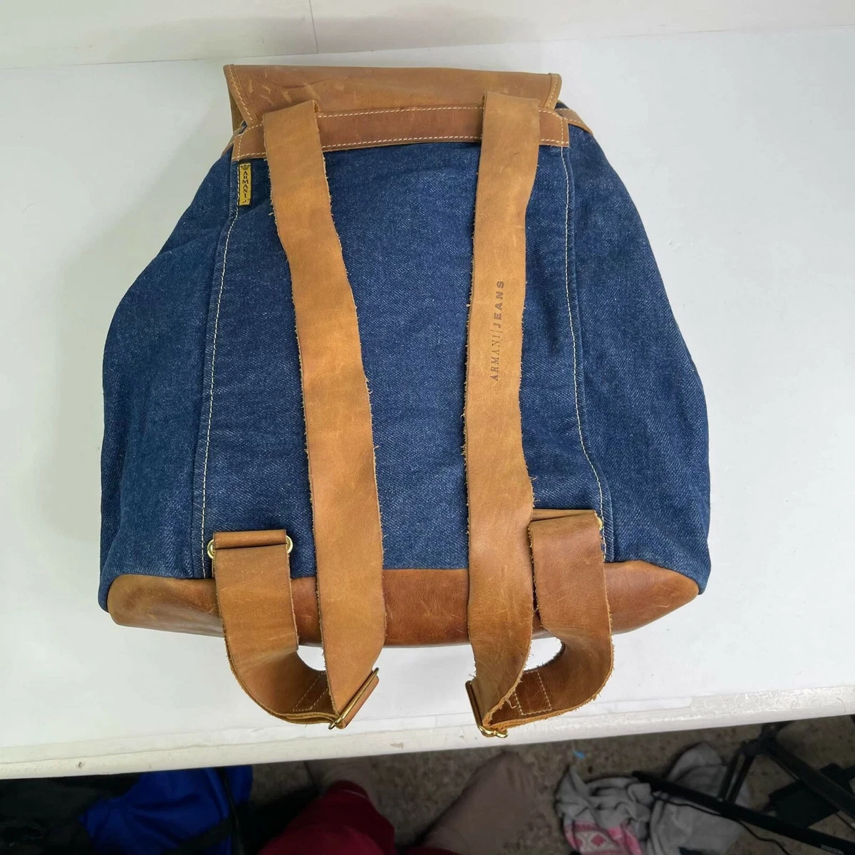 Armani Jeans Backpack USA Made 90's Leather/Denim Blue Brown BUCKLED  school pack | eBay