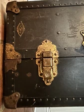 Antique Early 1900s Black Henry LIKLY Standing Wardrobe Steamer Trunk w Hangers