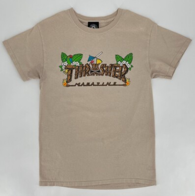 Thrasher Magazine T-Shirt Mens Small Hawaiian Logo Tan Tiki