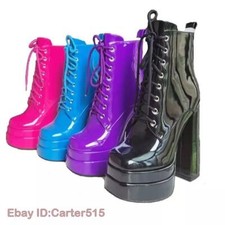 Mujeres Botas al Tobillo con Plataforma Puntera Cuadrada Charol Tacones Altos Gruesos Zapatos