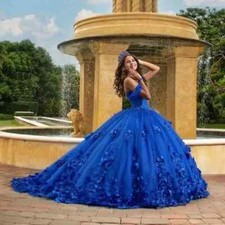 Royal Blue Quinceanera Dresses Shiny 3D Flowers Beaded Ball Gowns Sweet 15 16