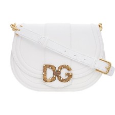 DOLCE & GABBANA Leather Crossbody Bag DG AMORE Pearl Logo Closure White Gold