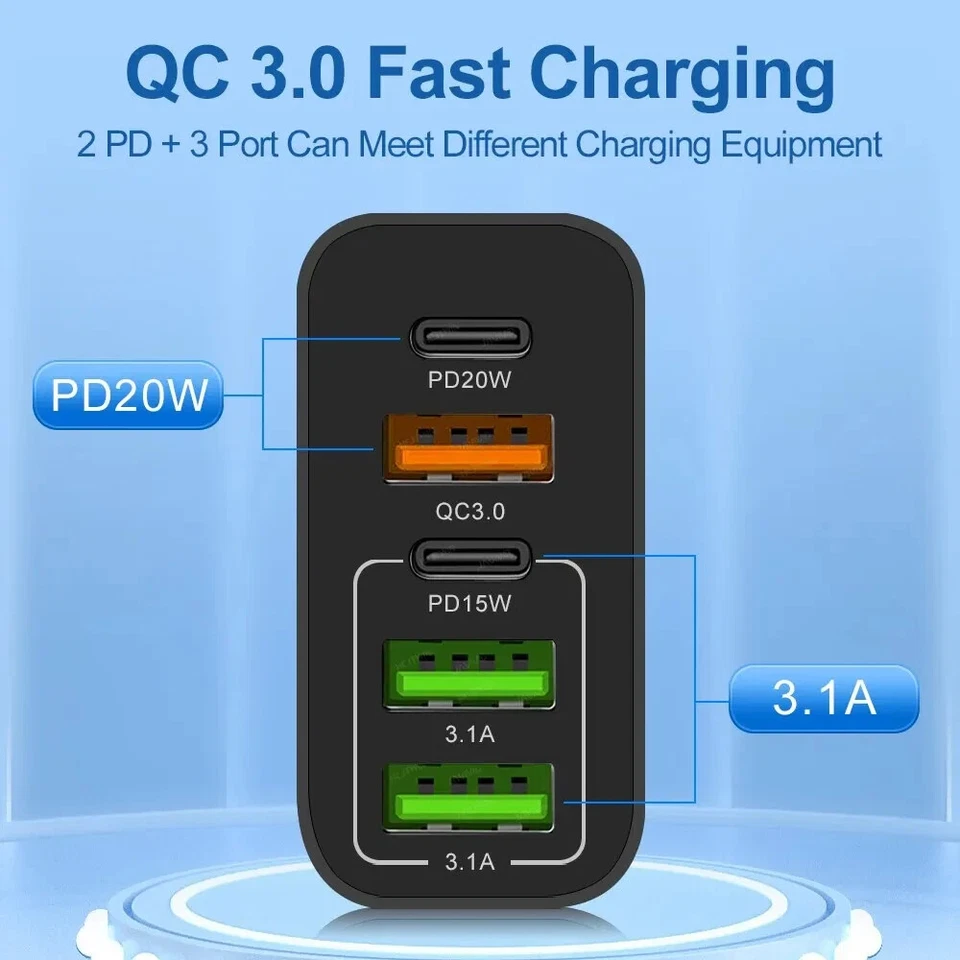 Quick Charge 3.0 20W PD 3.1A USB Type C Charger 5 Port Phone Charger Adapter NEW - Image 4 of 4