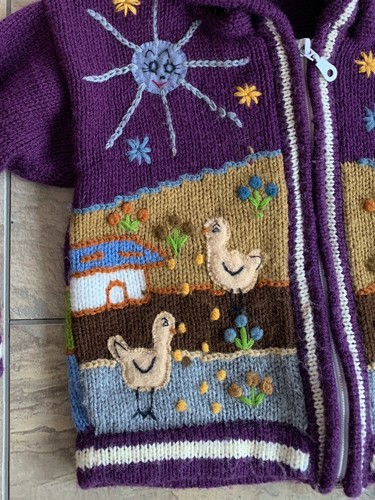 Peruvian Knit Hooded Sweater Girls 4T Zip Purple Colorful Handmade Alpaca Ducks - Picture 5 of 14