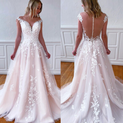 Sexy V Neck Blush Pink Wedding Dresses A Line Lace Appliques Bridal Gowns Custom