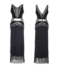Flapper Great Gatsby 1920s Retro Tassel Fringe Sequin Black Dress SIZE M NWT