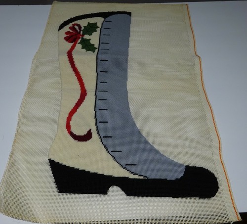 Vintage Christmas Holly Old Fashion Boot Embroidery Needlepoint. Large unframed. - Picture 6 of 8
