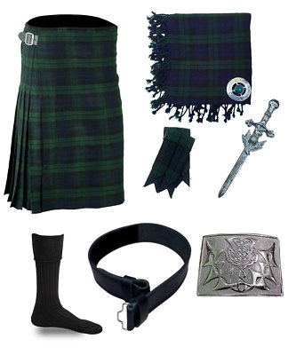 CC Scottish Black Watch 5 Yard Kilt Highland Tartan 8-teiliges Set, Gürtel, Schnalle, Socke