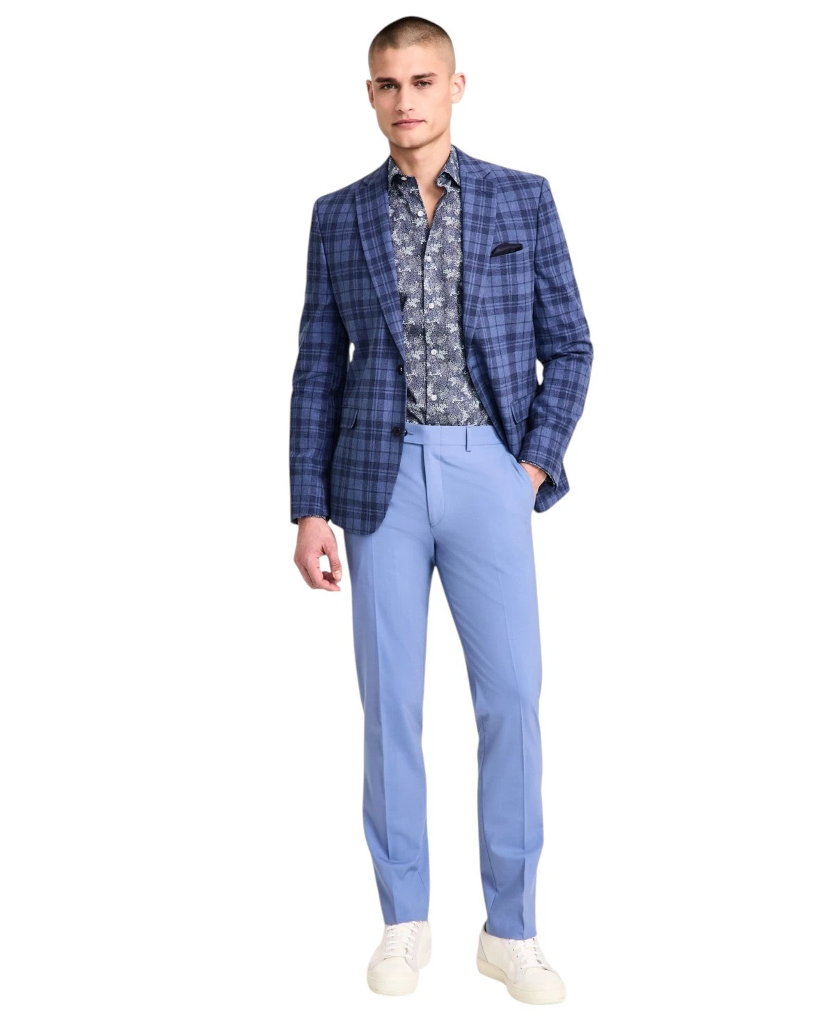 Bar Iii Mens Slim fit Sport Coat Blazer 42 L Navy Blue Plaid Linen