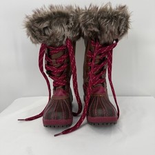 London Fog Girls Brown Burgundy Faux Fur Lace Up Winter Snow Boots Size 12 Kids