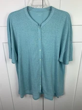 Eileen Fisher LARGE Blue Blouse 100% Organic Linen Button Front Luxury