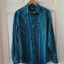 Wrangler Men's Teal Geometric Stripe Pearl Snap Long Sleeve Western Shirt
